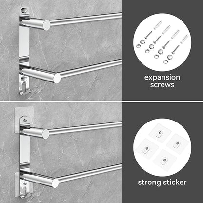 Adjustable Towel Bar for Bathroom Wall Mount17-30.7inch Adhesive Shower Towel Rack Stainless Steel Bath Towel Holders for Toilet Kitchen Double Towel Hanger (2 Layer)