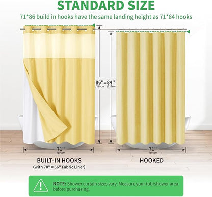 Extra Long No Hooks Needed Linen Textured Shower Curtain with Snap-in Fabric Liner Set,White Hotel Luxury Decor Shower Curtains for Bathroom,Waterproof & Washable,71Wx86H,Gold