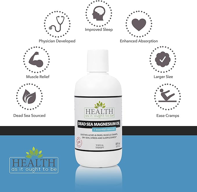 Health As It Ought To Be Dead Sea Magnesium Oil + Essential Minerals Supplement | Physician Formulated Calming, Soothes Aches, Pains, Cramps, Sleeplessness | 8 Ounce