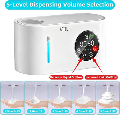 Touchless Automatic Foaming Hand Soap Dispenser Wall Mount,Kitchen Bathroom,Modern Smart Home,USB Type-C Rechargeable,Long Battery Life,Time and Temperature Display,5-Level Adjustable,16.9 oz
