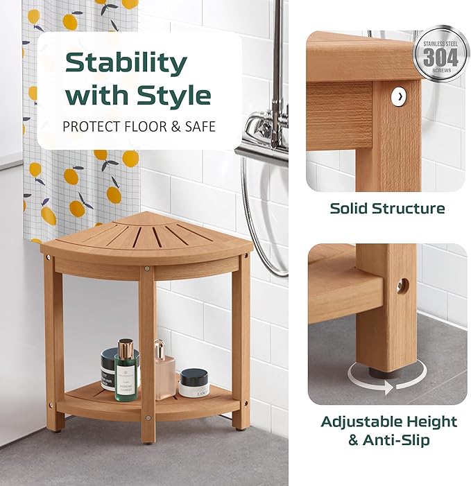 Waterproof Corner Shower Stool for Inside Shower, Poly Lumber Shower Bench Seat Chair, Bath Shower Stool for Shaving Legs Foot Rest with Storage Shelf, Adjustable & Non-Slip Feet, Teak Brown