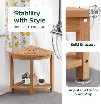 Waterproof Corner Shower Stool for Inside Shower, Poly Lumber Shower Bench Seat Chair, Bath Shower Stool for Shaving Legs Foot Rest with Storage Shelf, Adjustable & Non-Slip Feet, Teak Brown