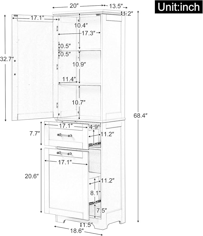 Favfurish 68" Tall Bathroom Storage Cabinet with Door and 2 Drawer,Modern Linen Cabinets w/Adjustable Shelf & Magnetic Door Stopper,Freestanding Organizer for Bath Room,Study,Office,Kitchen White