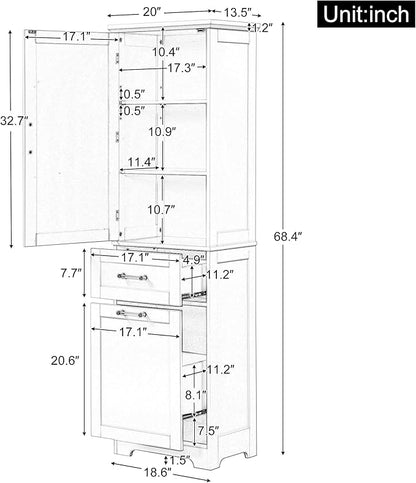 Favfurish 68" Tall Bathroom Storage Cabinet with Door and 2 Drawer,Modern Linen Cabinets w/Adjustable Shelf & Magnetic Door Stopper,Freestanding Organizer for Bath Room,Study,Office,Kitchen White