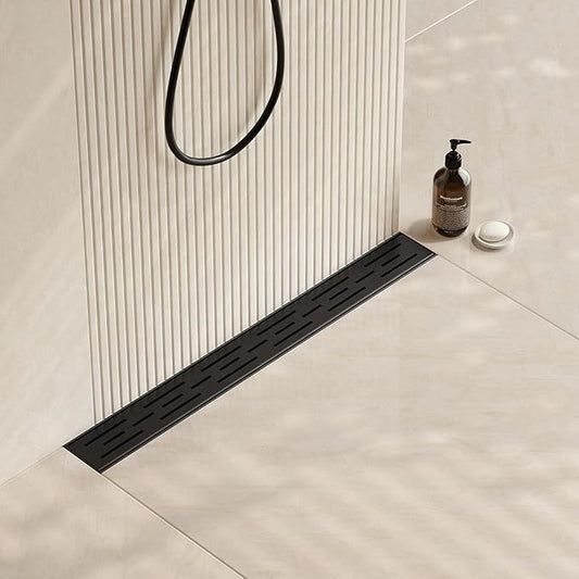 Neodrain 24 in Matte Black Linear Shower Drain, Rectangular Linear Drain for Shower with Brick Pattern Grate, 304 Stainless Steel Bathroom Floor Drain
