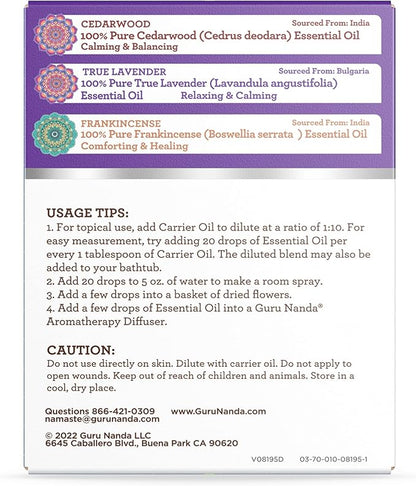 GuruNanda Sleep Essential Oil Set (Pack of 3 x 0.34 Fl Oz) - 100% Pure, Natural & Undiluted Cedarwood, Frankincense & Lavender Aromatherapy Oils for Diffuser - Perfect for Massages & DIY Recipes