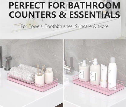 Toilet Tank Tray Organizer – Oak Wood Bathroom Counter Basket with Metal Frame, Back of Toilet or Tank Top Paper Holder Storage – Pink Modern Decor