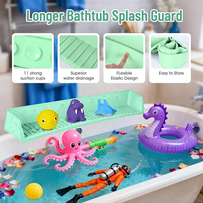 Splash Guard for Bathtub Kids, Longer Silicone Bathtub Splash Guard with 11 Suction Cups, Bath Tub Play Shelf for Kids & Toy Holder, Prevent Water Spill in Bathroom, Green