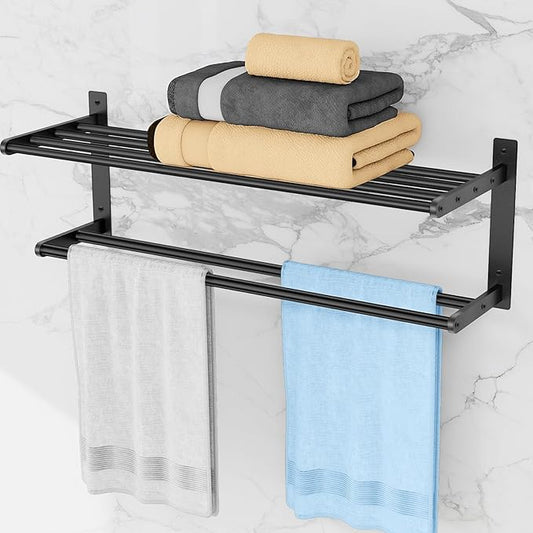 Towel Racks for Bathroom, 24 Inch Bath Towel Shelf with Double Towel Bar, Stainless Steel Towel Rack Wall Mounted, 2 Tier Towel Storage for Bathroom Wall Mounted, Black