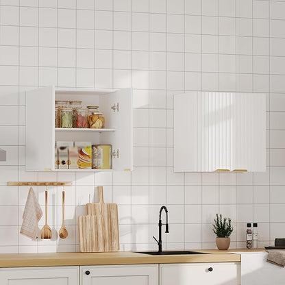 ChooChoo Bathroom Wall Cabinet, Kitchen Storage Cupboard Cabinet with 2 Doors, Fluted Laundry Room Cabinet for Bathroom, Kitchen, Garage, White