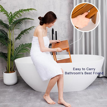 18" Standard Teak Shower Bench with Shelf & Handle - Waterproof, Non-Slip Bath Stool, 300 lbs Capacity - Fits Standard Tubs/Showers & Outdoor Use (Patented)
