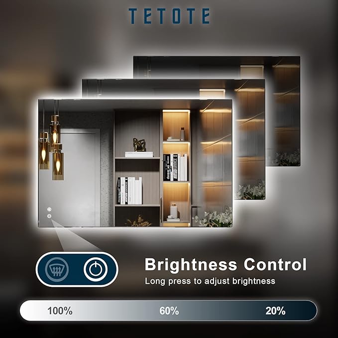 TETOTE 24 x 36 Inch LED Mirror Backlit Bathroom,Anti-Fog Mirror with Light,Dimmable,CRI90+,IP54 Water Proof,Wall Mounted Vanity Lighted,Horizontal/Vertical