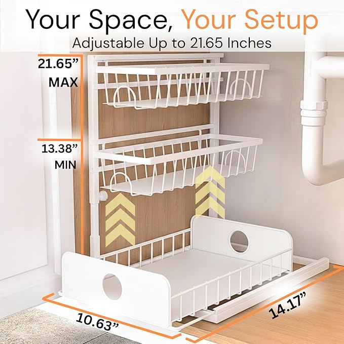 Under Sink Organizer, 2 Pack, 2 Tier Pull Out Sliding Shelf, Adjustable Height, Heavy Duty, Cabinet Organizer for Kitchen Bathroom, Tool-Free Install White