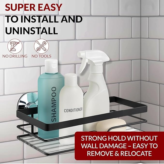2-Pack Corner Shower Caddy – Rust-Resistant Wall-Mounted Bathroom Organizer with Included No-Drill Adhesives for Shampoo, Soap & Toiletries - Black (1-Layer, Rectangle)