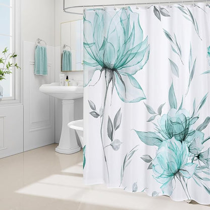 Teal Blue and Grey Boho Watercolor Floral Shower Curtain, Ink Painting Style Blossom & Leaf Shower Curtains for Chic Elegant Bathroom, Artistic Fabric Cloth Flower Shower Curtain, 72x72