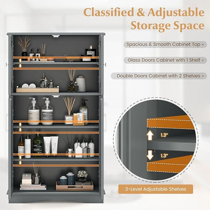 Tangkula Freestanding Floor Cabinet w/2 Glass Doors, 3-Level Adjustable Shelves, Anti-toppling Design, Kitchen Pantry Cupboard for Bathroom, Living Room (Grey)