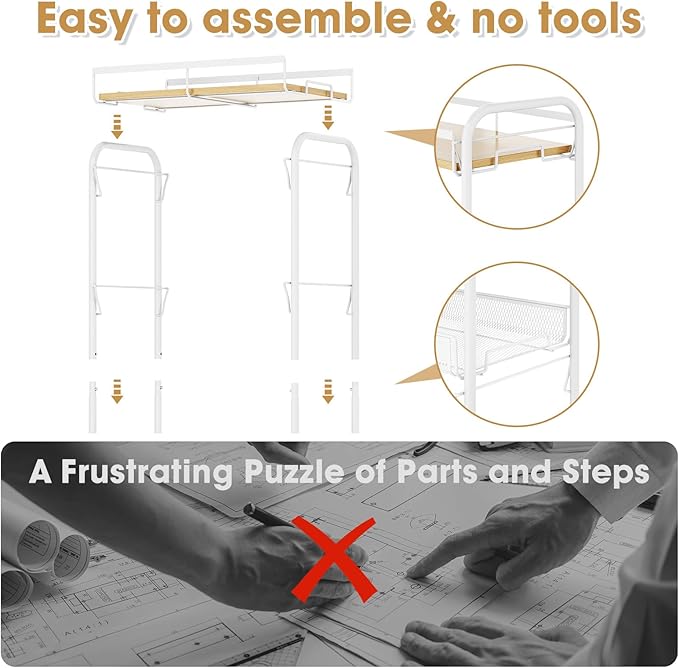 TOOLF 4-Tier Rolling Cart, Metal Utility Cart, Slide Out Storage Cart with Wooden Tabletop and Mesh Baskets, Easy Assemble Trolley for Kitchen Bathroom Laundry Room Bedroom Apartments Dormitory