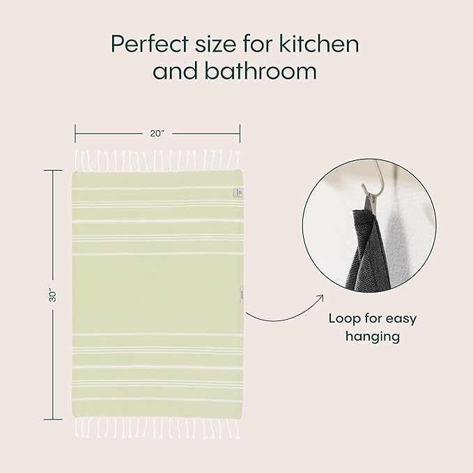 WETCAT Turkish Hand Towels with Hanging Loop, Set of 2 (20" x 30") 100% Turkish Cotton, Pre-Washed, Quick Drying, for Kitchen or Bathroom - Seafoam Green