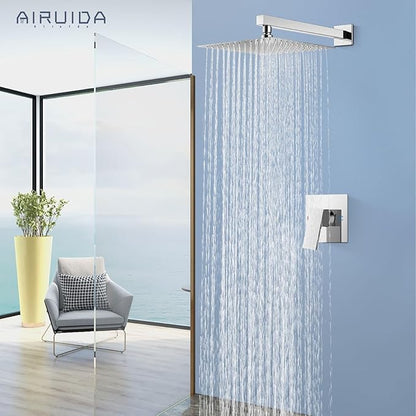 Airuida Shower Faucet Set Bathroom Rain Shower System SUS304 Stainless Steel Single Handle With Male Threads Rough-in Valve Shower Trim Kit 10 Inch Wall Mount Shower Head Chrome Polish