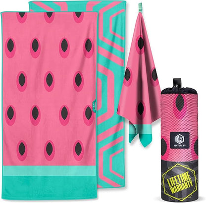 VENTURE 4TH Microfiber Beach Towel: Quick-Dry, Compact, Sand-Free, Absorbent, Sandproof and Lightweight - Perfect for Camping, Beach, and Roadtrips (Watermelon Design | 35x78 inches)