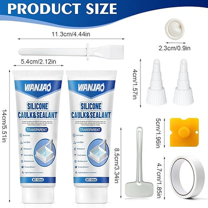2PCS Clear Caulking Silicone Waterproof, Silicone Sealant Waterproof Clear High Efficiency Long-Lasting for Bathroom Glass Partitions Wash Basins Bathtubs Kitchen Countertops Corner, 2 * 120ml