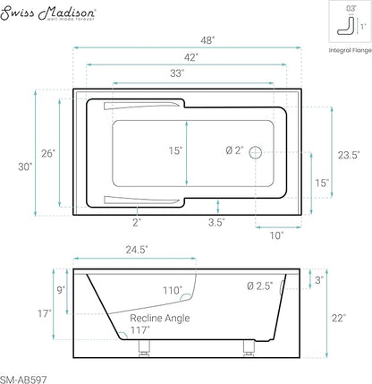 Voltaire 48" x 30" Right-Hand Drain Alcove Integrated Armrest Bathtub with Apron
