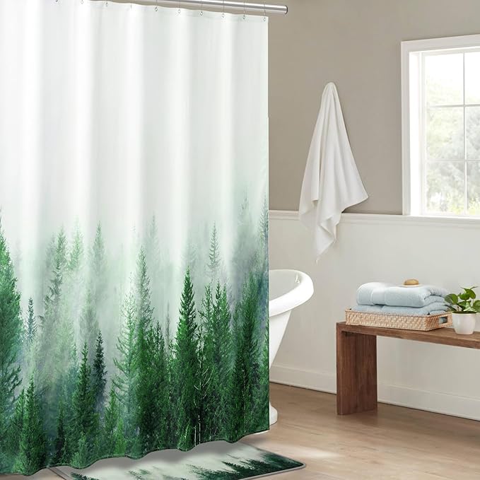 ORTIGIA Green Misty Forest Heavy Duty Shower Curtain for Bathroom, Nature Woodland Shower Curtain Set with Hooks, Decorative Pine Tree Fog Magic Bath Curtain for Home, 70x72