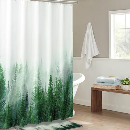 ORTIGIA Green Misty Forest Heavy Duty Shower Curtain for Bathroom, Nature Woodland Shower Curtain Set with Hooks, Decorative Pine Tree Fog Magic Bath Curtain for Home, 70x72