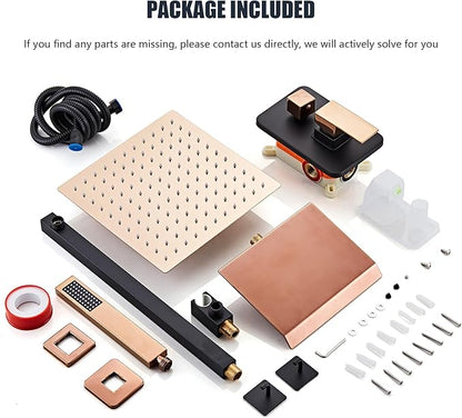 Shower Faucet Set with Tub Spout, Matte Black and Rose Gold Rainfall Shower System Complete Wall Mounted for Bathroom with 12 Inch Square Shower Head and Handheld Shower Head Rain Mixer Combo