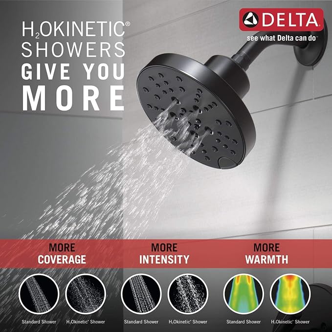 Delta Nicoli 14 Series H2Okinetic Shower Faucet Set, Matte Black Shower Head and Handle Set, Valve Trim Kit, Matte Black 142749-BL (Shower Valve Included)
