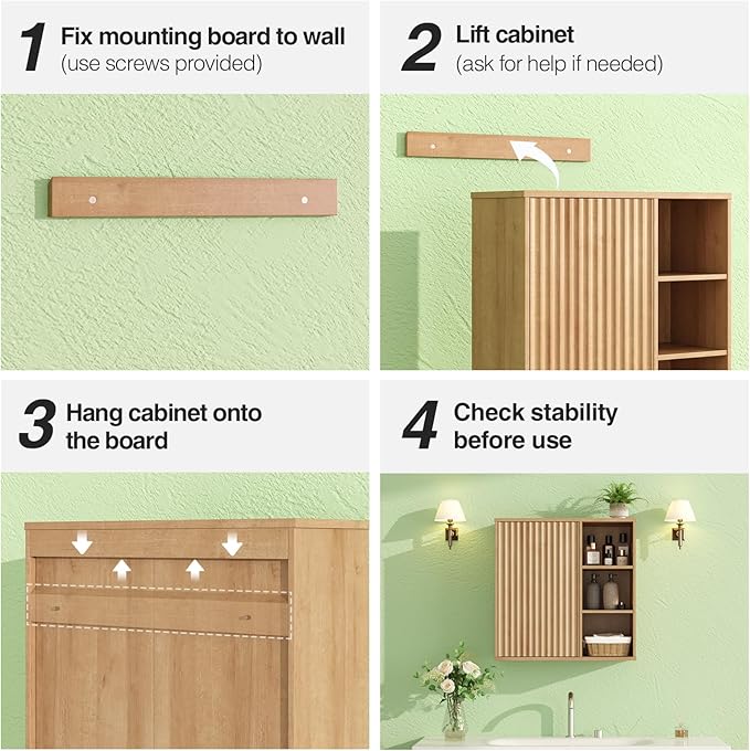 Fluted Bathroom Wall Cabinet, Small Medicine Wall Cabinet with Doors and Adjustable Shelves, Kitchen Wall Mounted Storage Cabinet, Floating Space Saver Over Toilet, Natural