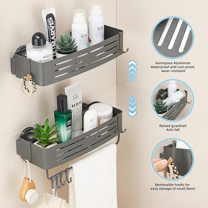 Shower Caddy Suction Cup, Space-Saving Shower Organizer Removable Storage Rack With Large Capacity, No Drilling Suction Shelves for Bathroom Storage & Home Decor(2 Tier Square-Gray)