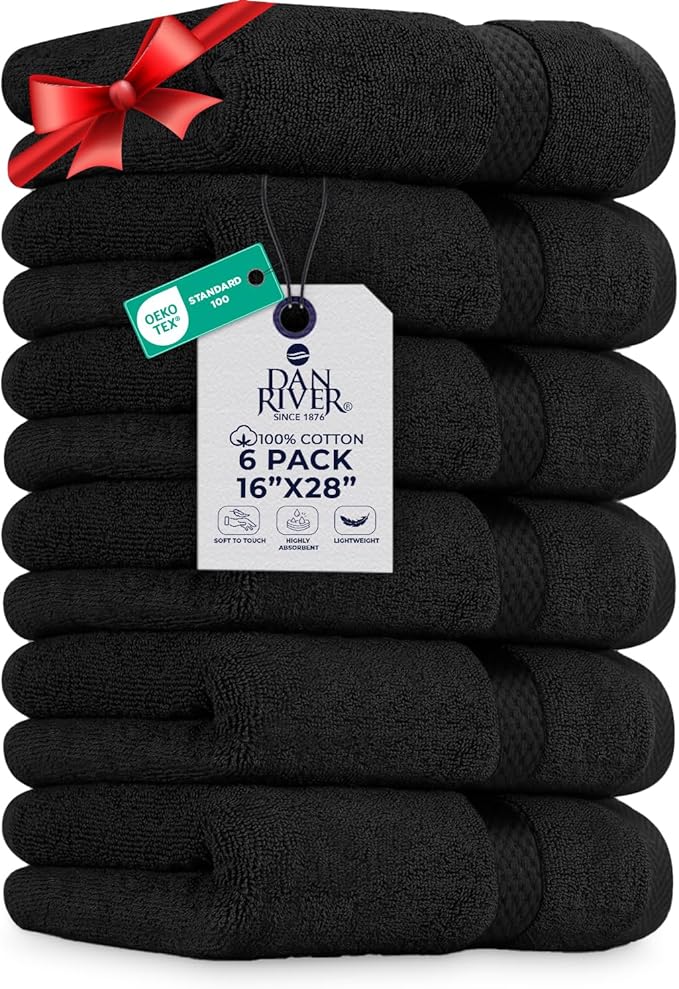 DAN RIVER 6-Pack Premium Hand Towels (16x28 Inches) - 100% Cotton, Ultra Soft, Lightweight, Highly Absorbent Towels for Bathroom, Spa, Gym, Salon, Hotel, and Travel - 550 GSM – Black