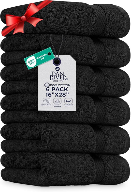 DAN RIVER 6-Pack Premium Hand Towels (16x28 Inches) - 100% Cotton, Ultra Soft, Lightweight, Highly Absorbent Towels for Bathroom, Spa, Gym, Salon, Hotel, and Travel - 550 GSM – Black