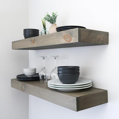 Urbandi Modern Floating Shelves 3 Inches Thick for Wall, Wide Shelves for Kitchen, Living Room, Bedroom, and Bathroom, Natural Pine Wood, Rustic Wooden Shelf, (Set of 2) (Aged Barrel, 60Lx3Hx8D)