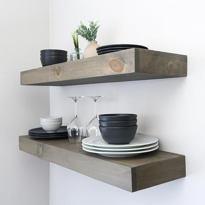 Urbandi Modern Floating Shelves 3 Inches Thick for Wall, Wide Shelves for Kitchen, Living Room, Bedroom, and Bathroom, Natural Pine Wood, Rustic Wooden Shelf, (Set of 2) (Aged Barrel, 24Lx3Hx8D)