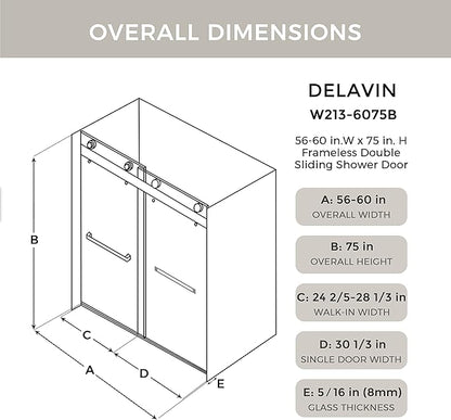 DELAVIN 56"-60"W x 75"H Frameless Shower Door, Double Sliding Shower Door, 5/16"(8mm) Clear Tempered Glass, Noiseless Shatterproof Shower Door with Square Rail, Stainless Steel, Aluminum, Matte Black