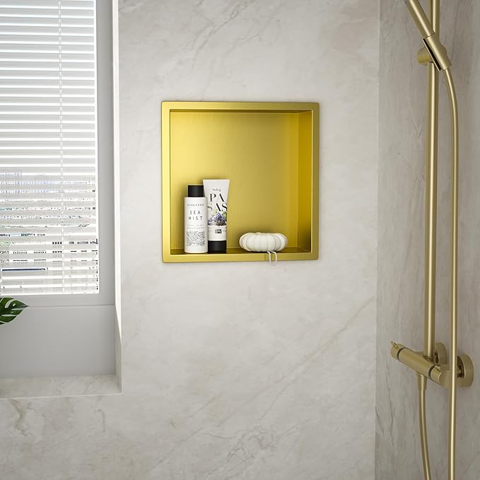 Stainless Steel Shower Niche 12" X 12" Gold No Tile Needed Niche Shower Recessed Wall Niches for Bathroom Storage Over Mount Installation