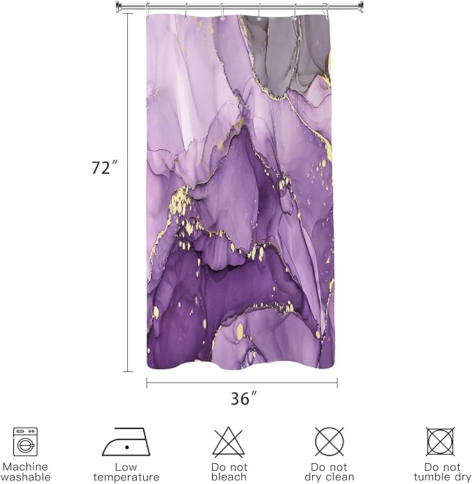 Small Stall Marble Shower Curtain 36 x 72 Inch, Half Narrow Abstract Modern Shower Curtains for Bathroom, Luxury Art Ink Texture Fabric Shower Curtain Set with Hooks, Purple