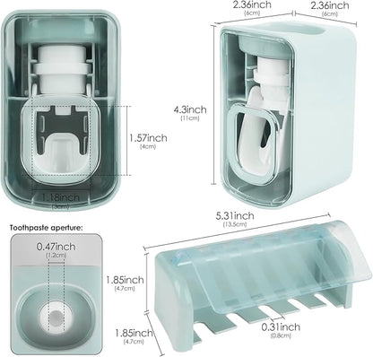 5 Slots Wall Mount Toothbrush Holder with Cover, Self Adhesive Toothbrush Storage Organizer for Shower, Toothbrush Hanger with Automatic Toothpaste Squeezer Dispenser (Blue)