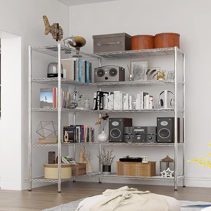 5 Tier Storage Racks Shelving, Heavy Steel Pantry Shelves, Adjustable Wire Shelving Rack, Suitable for Garage, Kitchens, Offices, 69.7" W x 16" D x 71" H, Chrome