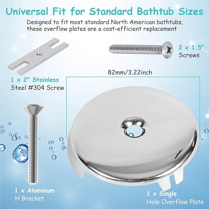 Single Hole Bathtub Drain Cover 1/8", Universal Bathtub Overflow Drain Cover with One Matching Screw for Waste and Over Flow, Tub Overflow Cover Fits Most Standard Bath Tub Drains (2PCS) (Silver)