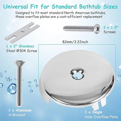 Single Hole Bathtub Drain Cover 1/8", Universal Bathtub Overflow Drain Cover with One Matching Screw for Waste and Over Flow, Tub Overflow Cover Fits Most Standard Bath Tub Drains (2PCS) (Silver)