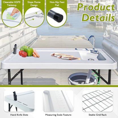 Folding Fish Cleaning Table Portable Camping Sink with Faucet Drainage Hose & Sprayer Outdoor Fillet Station Grid Rack Knife Groove for Picnic Fishing, Black
