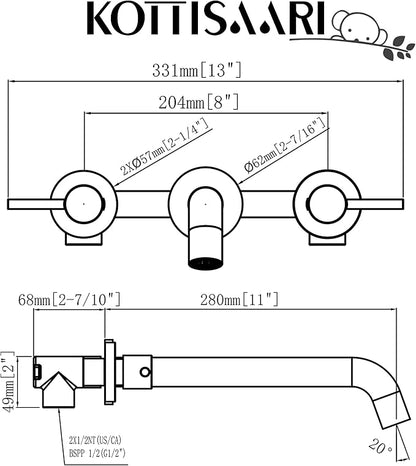 Wall Mount Tub Filler,Two Cross Handle Bathtub Faucet,Extra Long Spout Reach with High Water Flow,Brass Rough in Valve Included,Oil Rubbed Bronze
