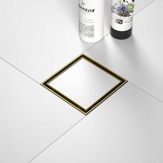 Square Shower Drain 4", Brushed Gold Floor Drain with Tiled Insert Grate & Hair Strainer, 304 Stainless Steel Bathroom 2-in-1 Tiled in Drain, CUPC Certified (Brushed Gold, 4'')