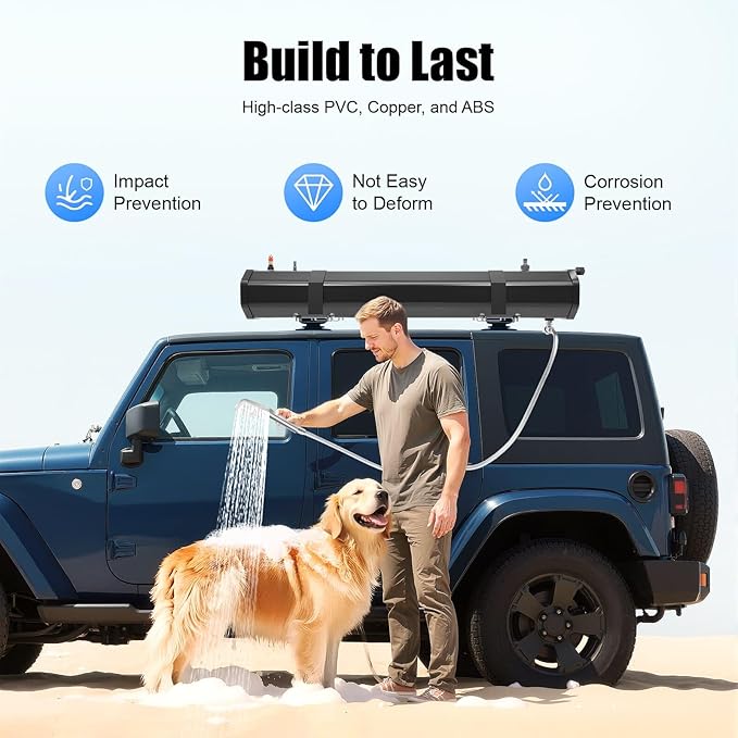 Portable Water Tank for Camping, 7.93 Gallon Roof Rack Mount Road Shower Water Tank w/Storage Bag and 5.58ft Hose, Outdoor Activities Water Supply for SUVs Sedans RVs Trucks