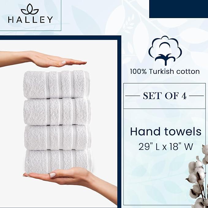 HALLEY Turkish 4 Pack Premium Hand Towels (4 Pieces) 650 GSM Highly Absorbent Super Soft 100% Cotton - 4 Hand Towels (White)