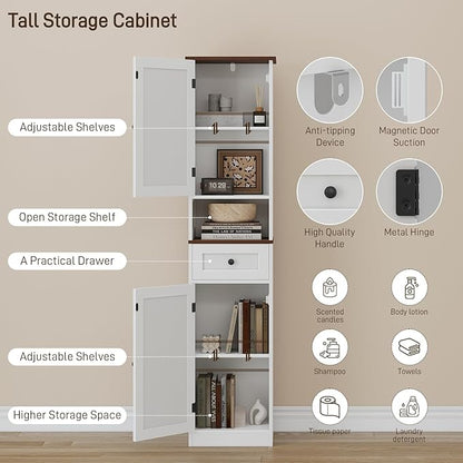 67" H Tall Bathroom Cabinet, Narrow Storage Cabinet with 2 Barn Doors and 1 Drawer, Freestanding Floor Cabinets with 5 Shelves and Open Storage Shelf for Bathroom, Living Room, Kitchen, White