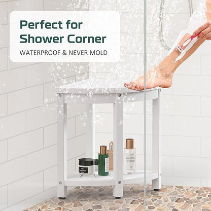 Waterproof Corner Shower Stool for Inside Shower, Poly Lumber Shower Bench Seat Chair, Bath Shower Stool for Shaving Legs Foot Rest with Storage Shelf, Adjustable & Non-Slip Feet, White